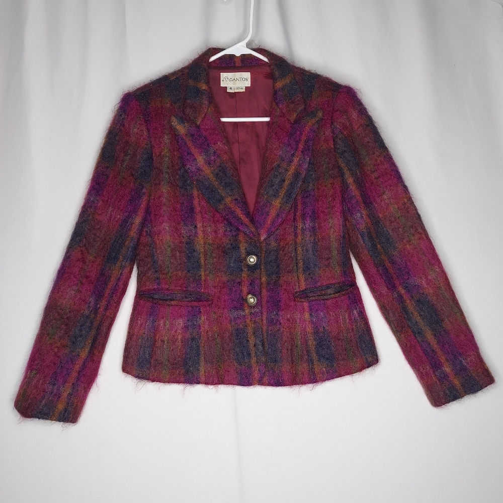 Gantos Mohair Blazer Vtg Women 4 Multicolor Plaid Fuzzy Woven 2-Button Collar